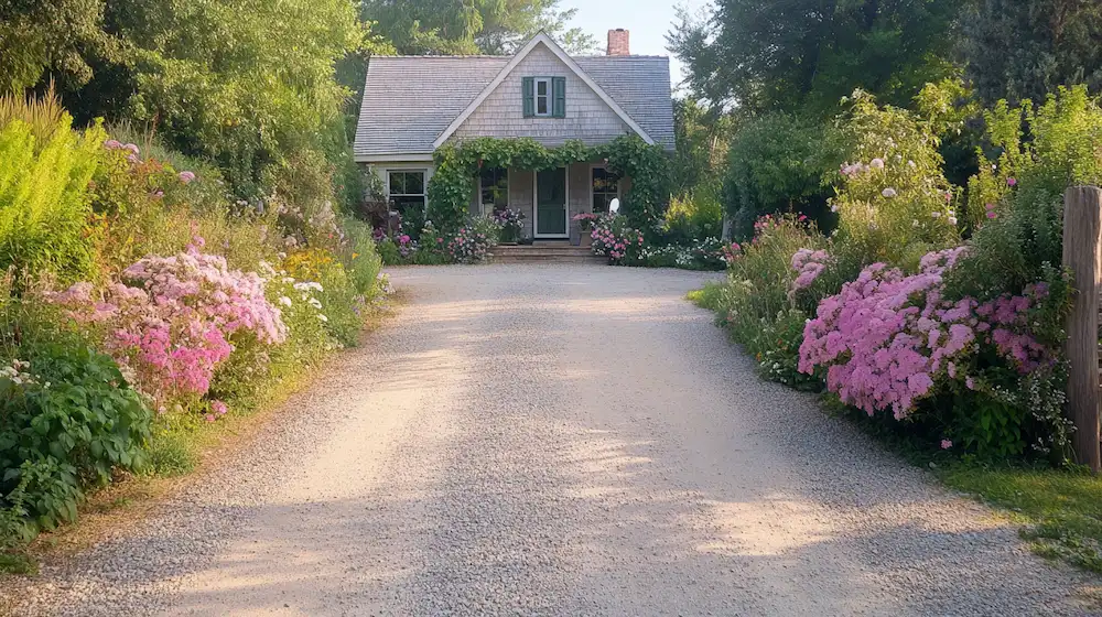 A small house with a gravel driveway is surrounded by lush greenery and blooming pink flowers.