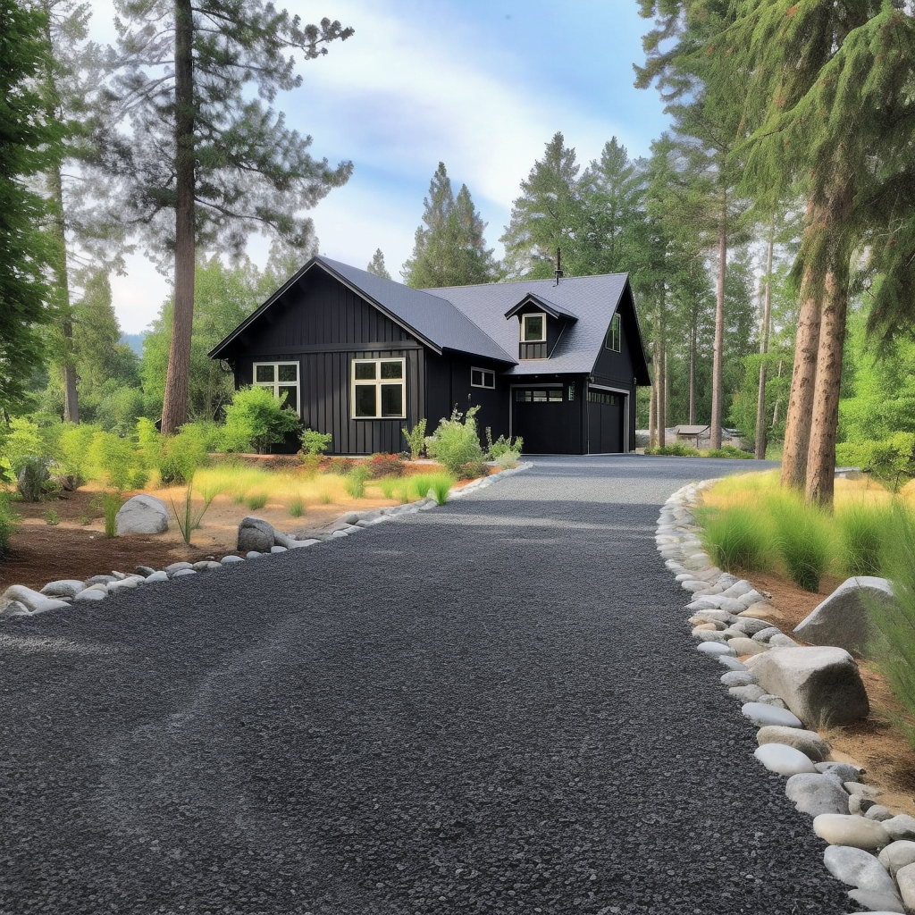 A black house with a beautiful tar and chip driveway.