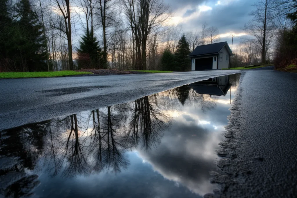 A blacktop driveway in the rain, with puddles reflecting the changing clouds in the sky.