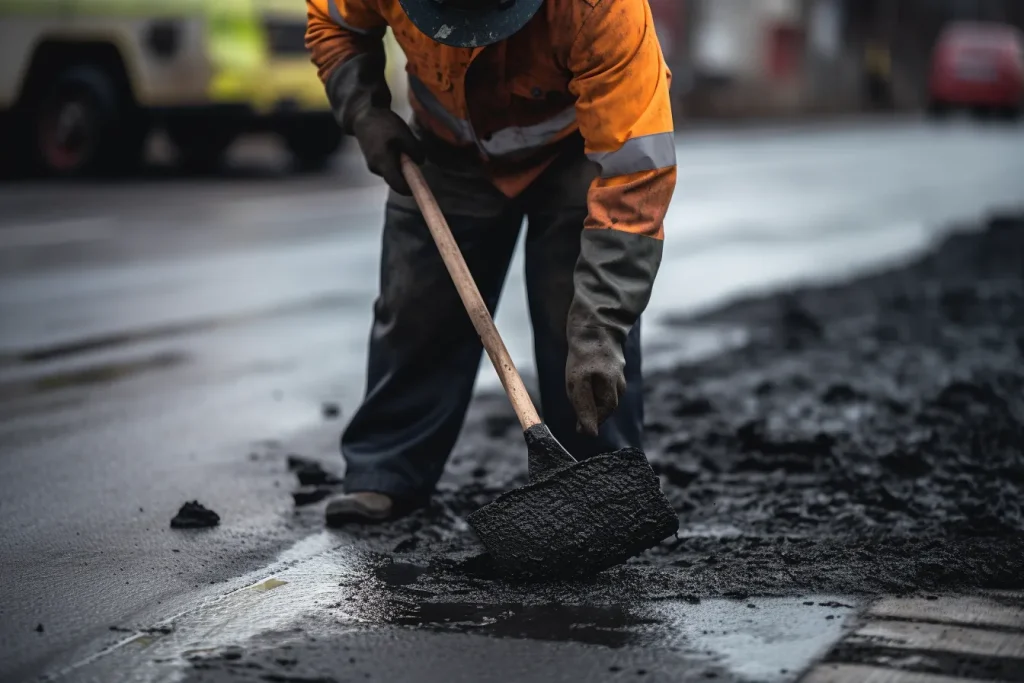 A close-up of a worker wearing protective gear and holding a trowel, applying a hot asphalt patch to a damaged road. 