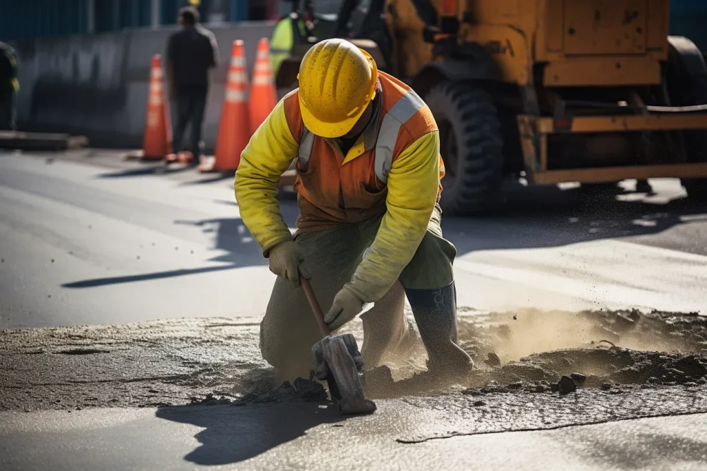 A close-up of a worker in a bright yellow safety vest using a pneumatic jackhammer to break up a large, cracked section of asphalt