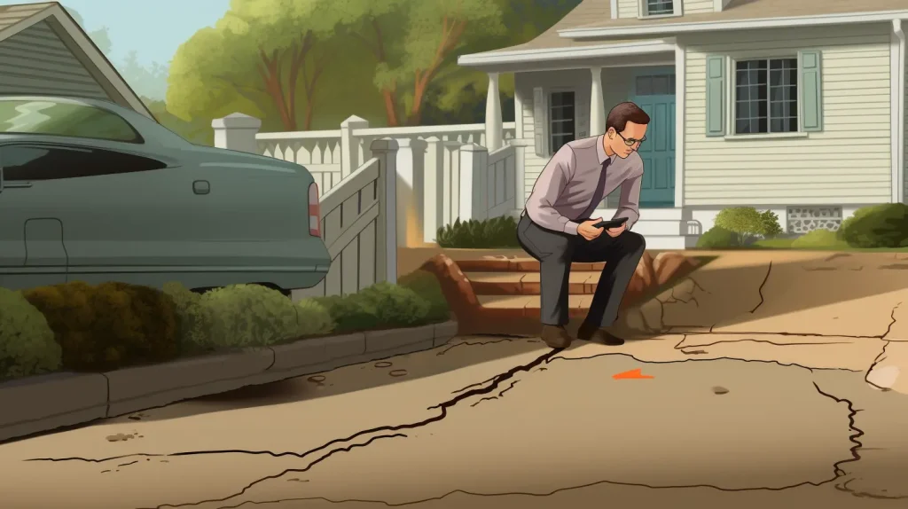 A man sits on a sinking driveway in front of a house.