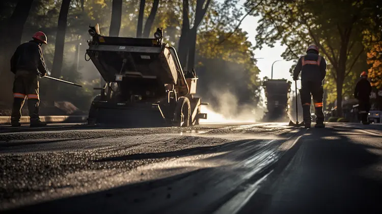 Two men are involved in Asphalt Paving Installation on a road.