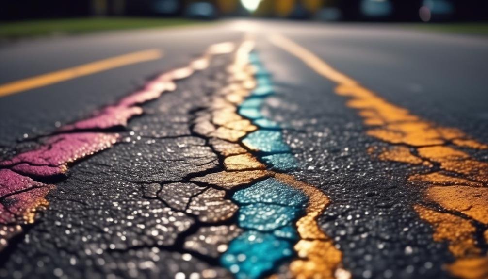 A vibrant road enhanced with colorful crack filling for sealcoating.