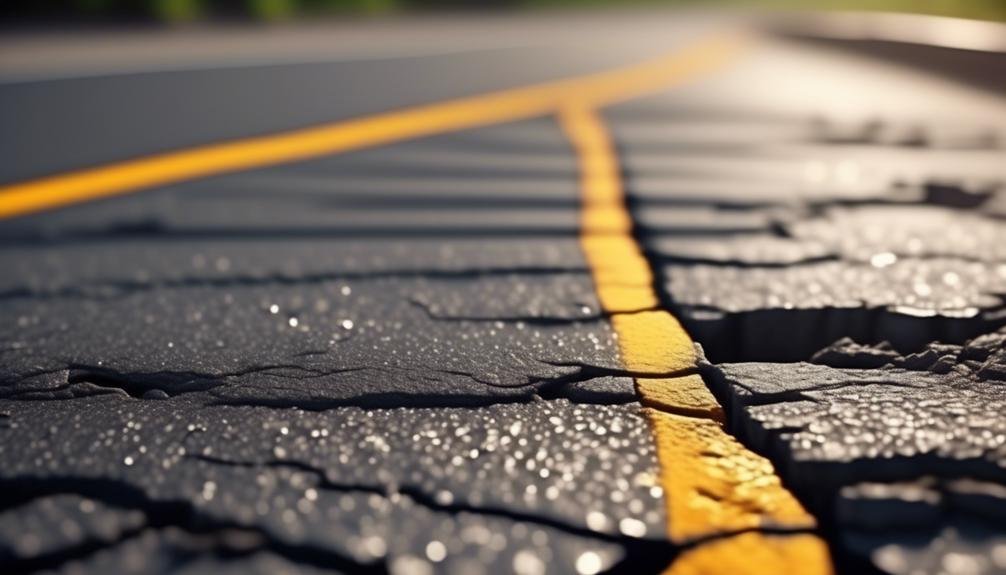 A cracked road with yellow lines, following the Pro Asphalt Crack Repair Guide.