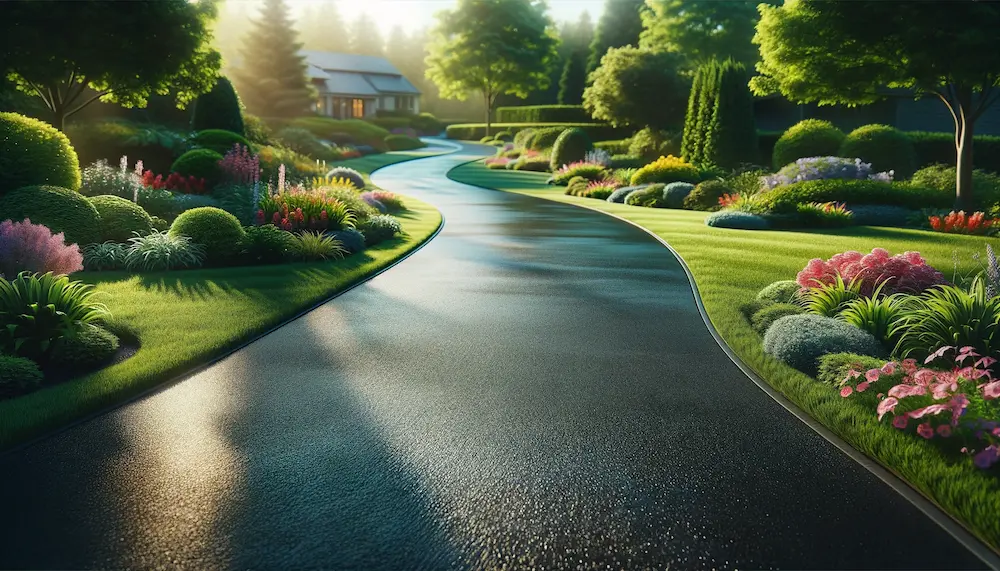 A road in the middle of a garden filled with trees and flowers, perfect for sealing and protecting your driveway.