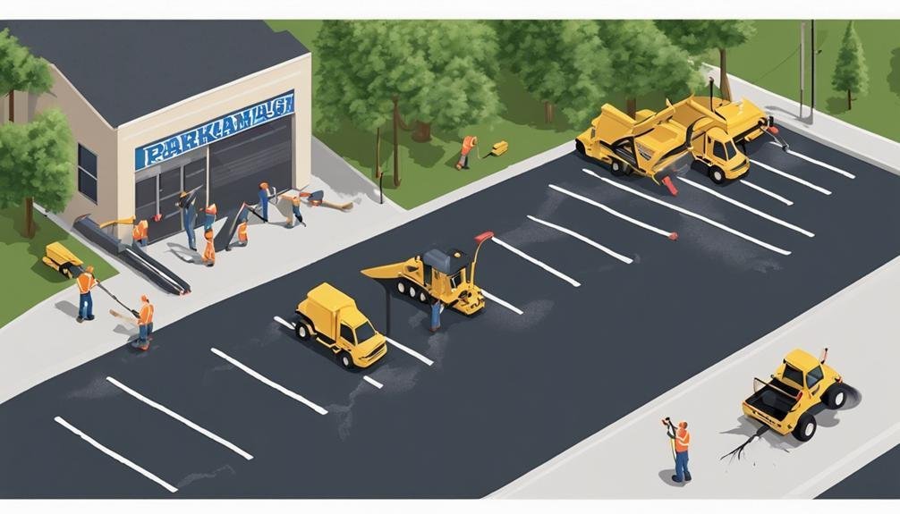 Isometric illustration of a construction site where workers are busy sealing a parking lot.