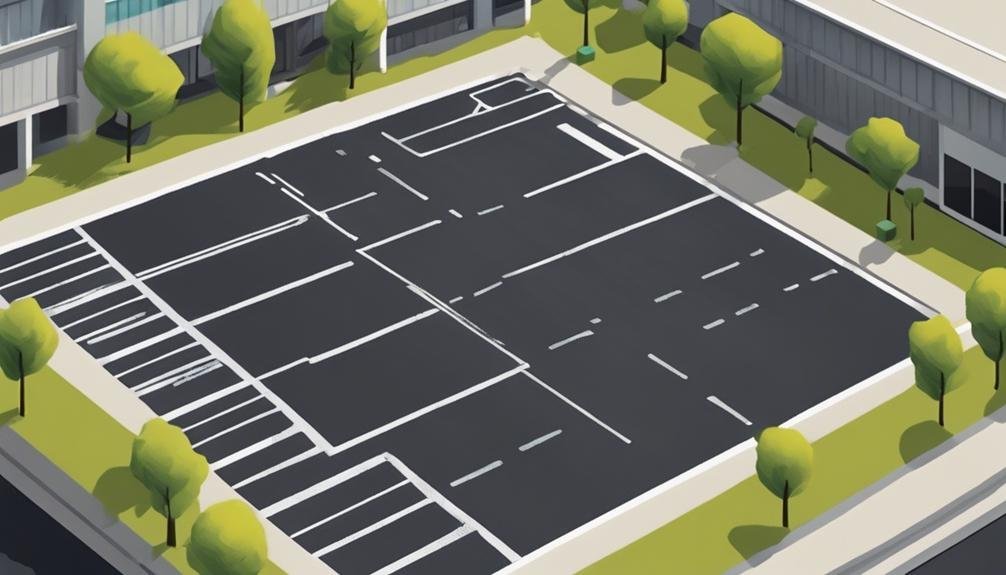 An aerial view of a parking lot in front of a building showcasing the benefits of sealcoating maintenance.