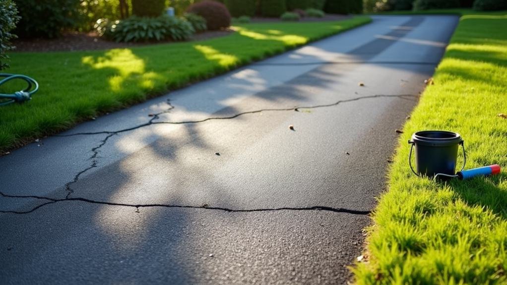 Close-up of a freshly paved asphalt driveway, showing a smooth, dark surface under bright sunlight. Surrounding greenery includes grass and trees, indicating a well-maintained property.