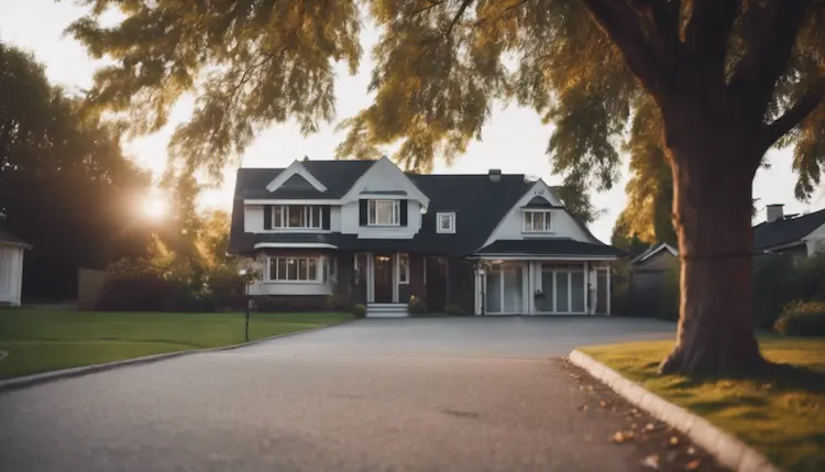 A house with a driveway featuring crack filling for sealcoating and trees in the background.|A vibrant road enhanced with colorful crack filling for sealcoating.