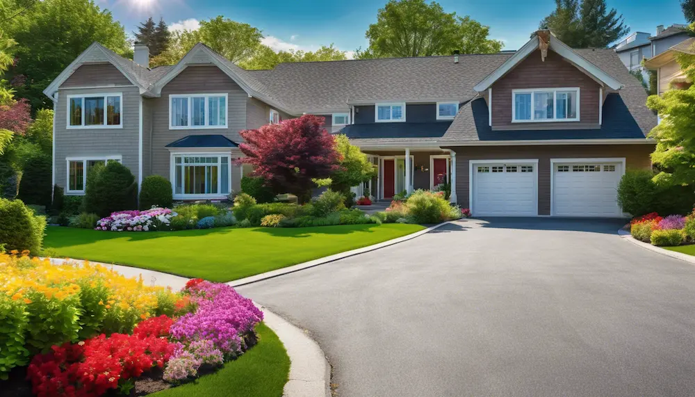 Well-manicured lawn and garden in front of a two-story suburban home with a double garage and a DIY asphalt driveway.