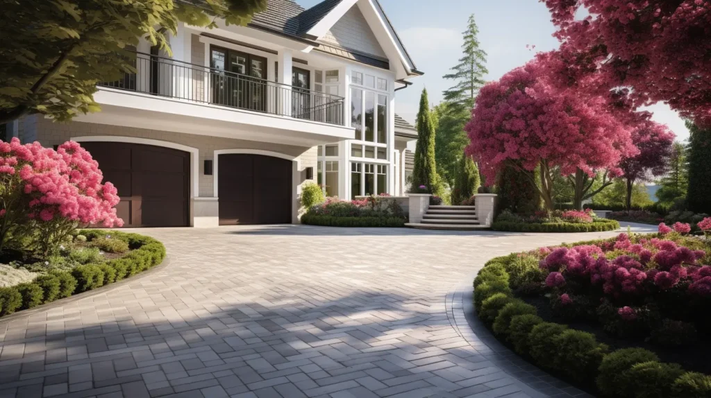 a driveway with flowers and trees