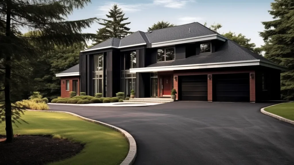 A house with a repaved driveway and trees in the background.