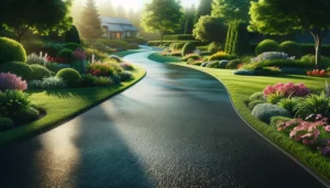 A road in the middle of a garden filled with trees and flowers
