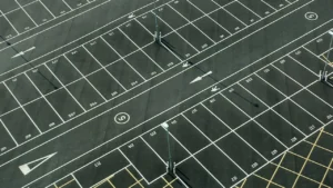 An aerial view showcasing parking lot striping.