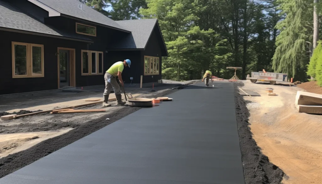 Pavers working on a new smooth black top driveway|E of a highway at night