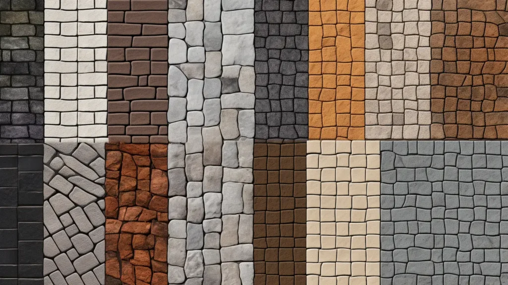 A collection of different colored stone textures used as paving material.