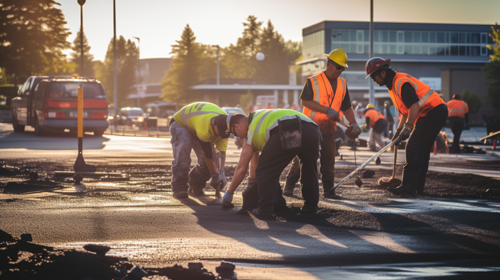 A group of construction workers are preparing for asphalt paving on a road.