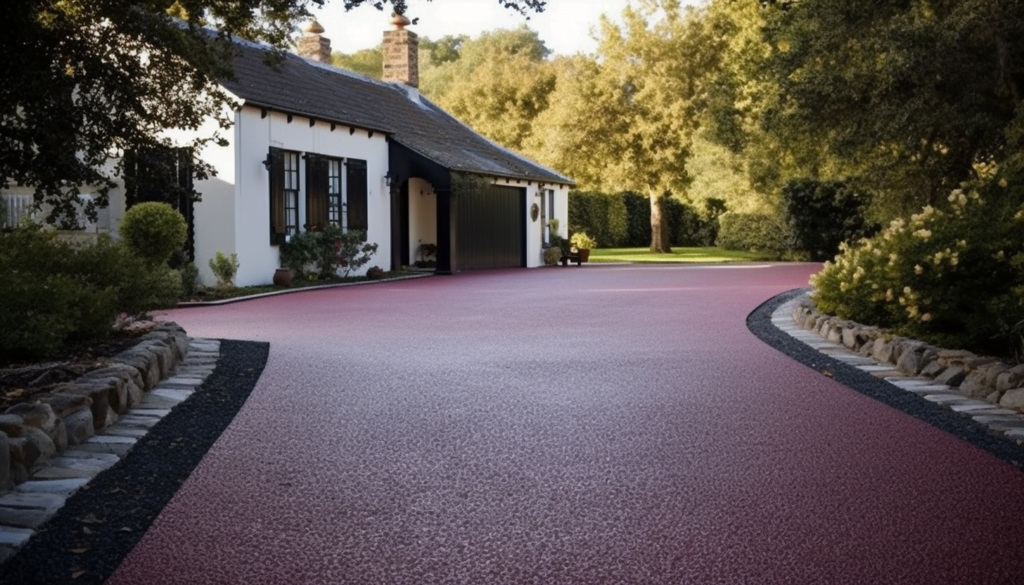 White house with red stone tar and chip driveway.|A tar and chip driveway leading to a black house in a wooded area.