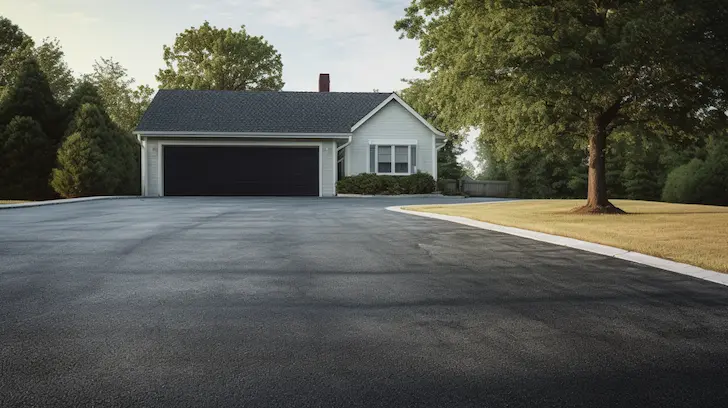 A black asphalt driveway leading to a house with a tree in the background.