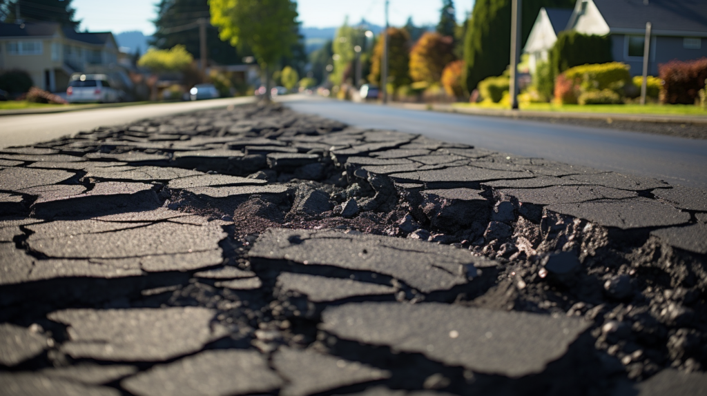 A cracked road in a residential neighborhood undergoing recycling with asphalt.