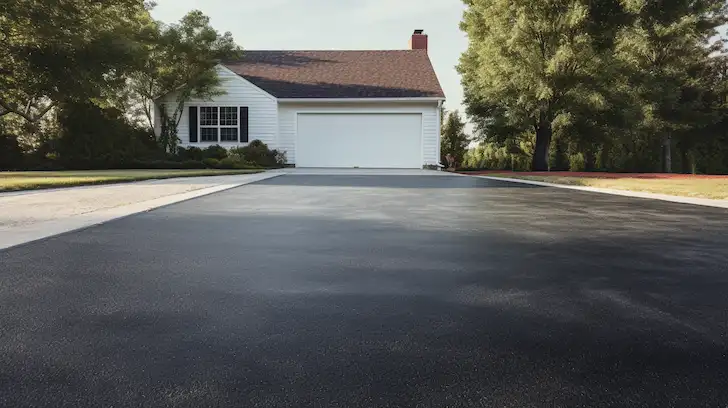 A sealed black driveway with a house in the background.