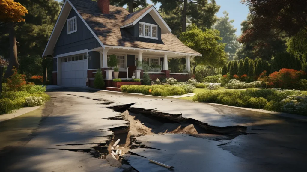 A sinking driveway in front of a house.|A man sits on a sinking driveway in front of a house.