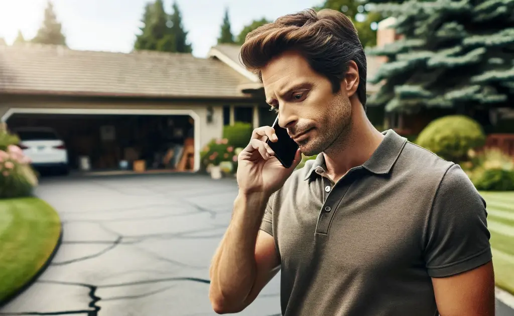 A man on a cell phone in front of a house