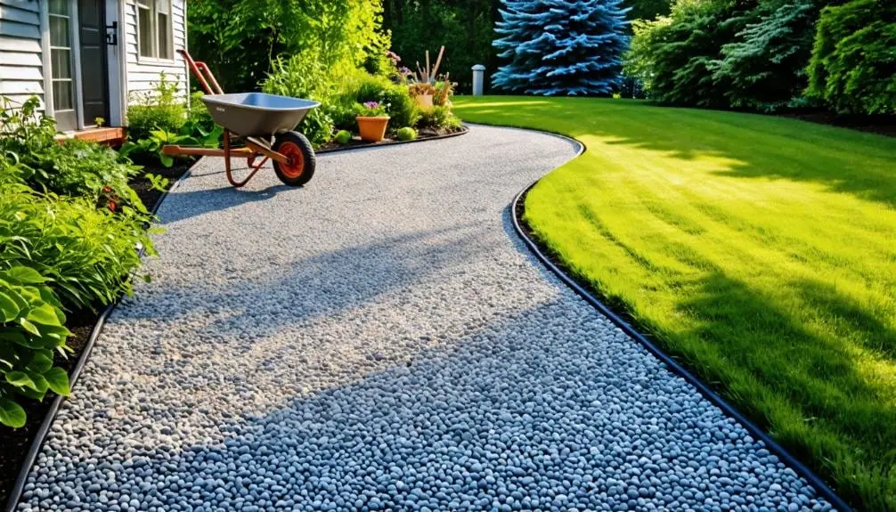 A garden pathway with gravel beside a green lawn