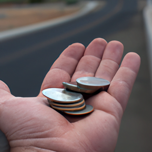 '-up image of a person's hand holding a stack of coins with a driveway in the background