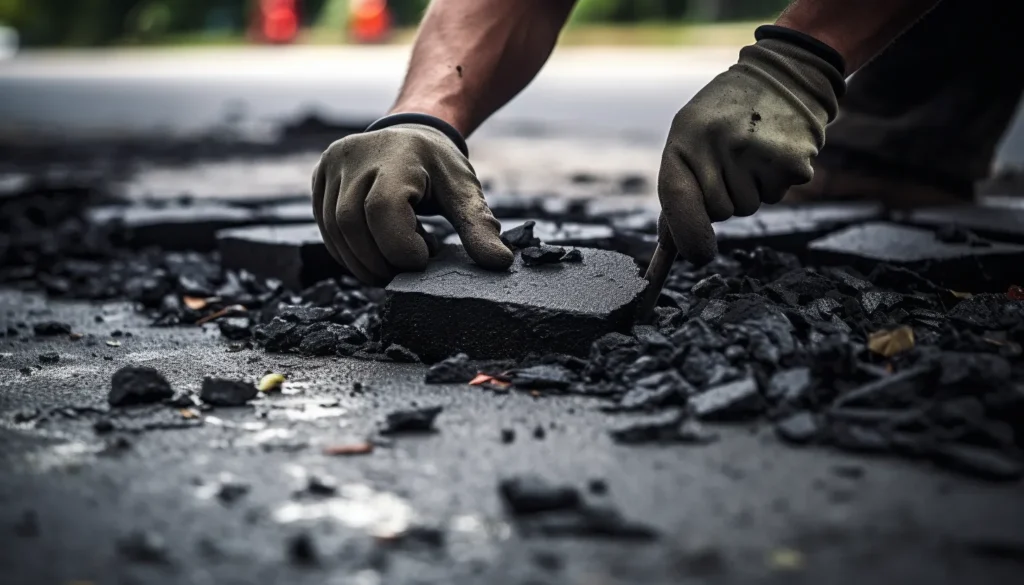 A paver patching an asphalt driveway|A close-up of a worker in a bright yellow safety vest using a pneumatic jackhammer to break up a large