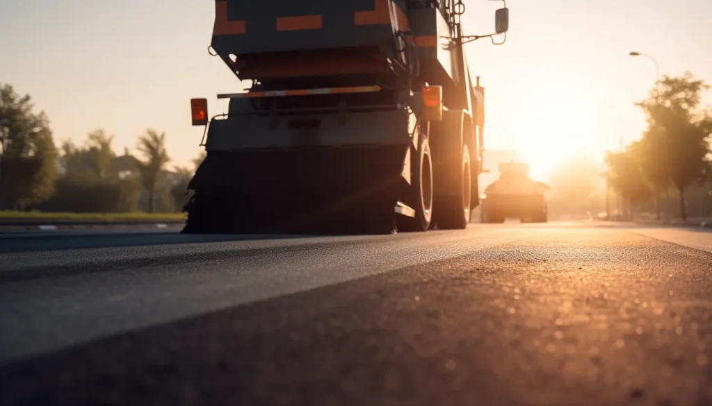 A close-up of an asphalt spreader on a newly paved