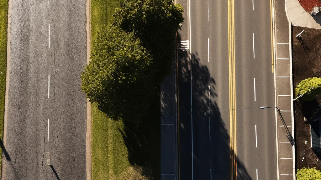 An aerial view showcasing the distinction between asphalt and blacktop roads.