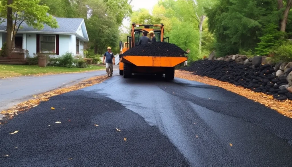 A truck is laying asphalt on a street