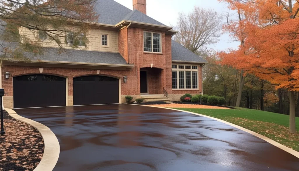 A driveway with sealcoating in the fall.|A freshly sealcoated driveway.|Keywords: black asphalt