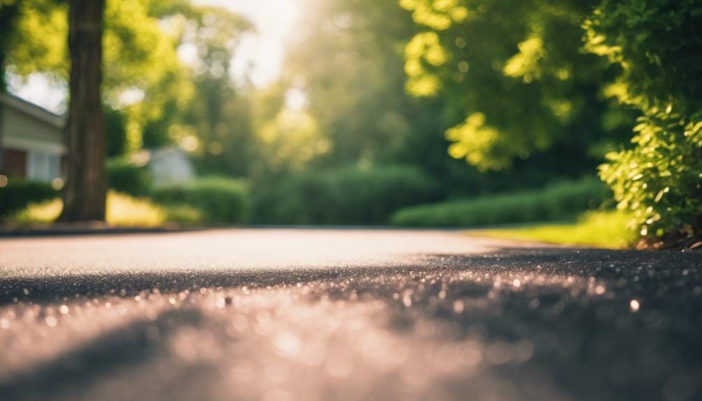 The image shows a freshly paved asphalt road with visible construction equipment, surrounded by green grass and trees. It illustrates the concept of seasonal asphalt maintenance.