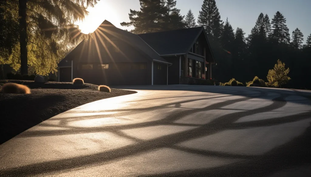 A close-up of a black asphalt driveway with a car tire track winding up to the house