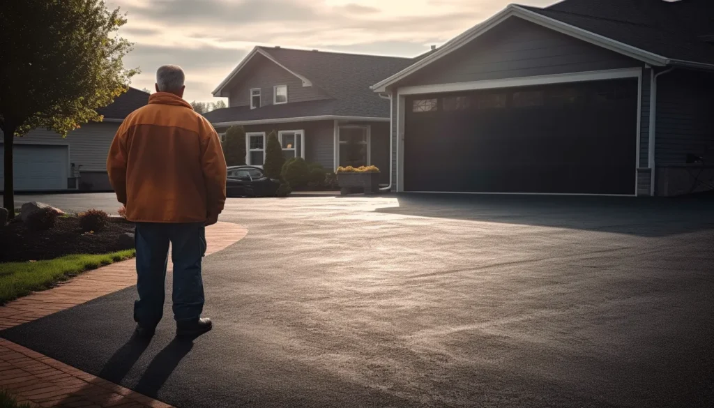 A wide shot of a man who just blacktop his driveway|N in a bright orange vest and safety glasses