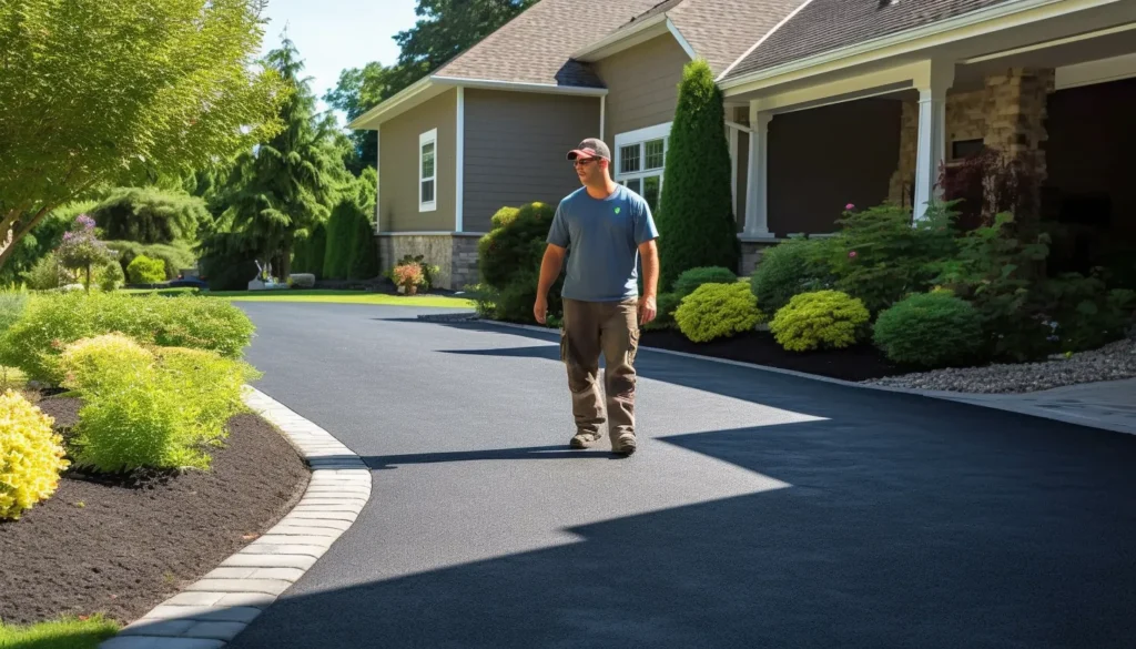 a photo of a man walking on a new paved driveway|P of a hand laying down a line of paving stones of varying colors and sizes