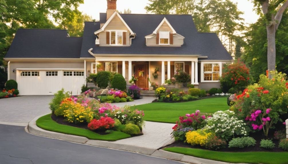 A well-paved driveway winds through a landscaped yard, featuring neatly trimmed grass and colorful flower beds, enhancing the overall curb appeal of a residential property.