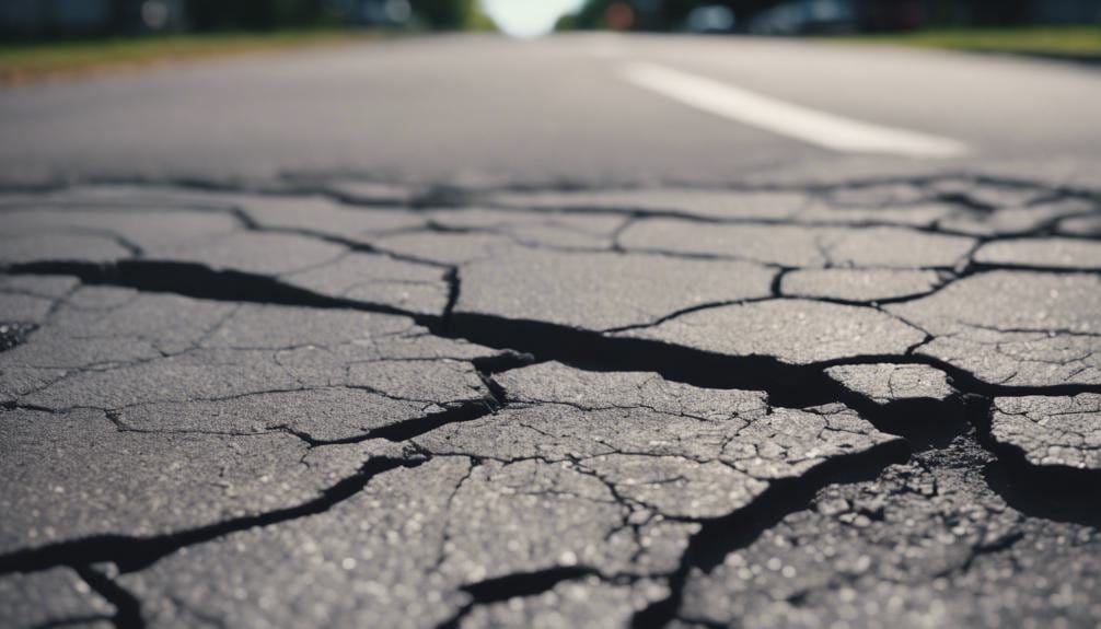 A close-up of a cracked asphalt surface being repaired, showcasing a worker applying a black sealant to fill the cracks. The photo highlights the importance of timely maintenance for pavement durability.