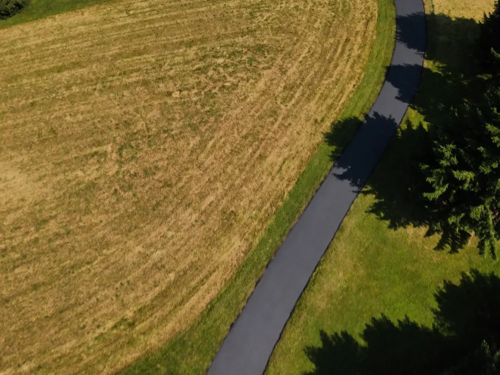 Alt text: A newly sealed asphalt driveway in Carlisle, displaying a smooth, shiny black surface with a slight wet sheen, bordered by green grass and a clear blue sky in the background.