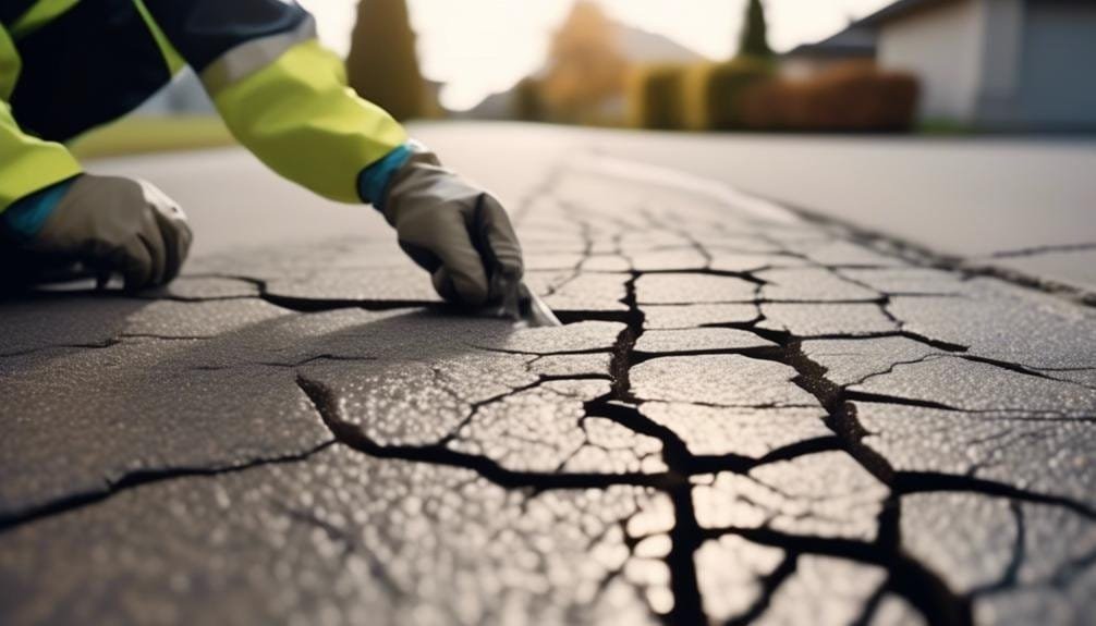 effective driveway crack repair|A cracked asphalt road in need of driveway crack repair solutions.|An image of a cracked driveway in a residential area.|An image of a cracked road in a residential area