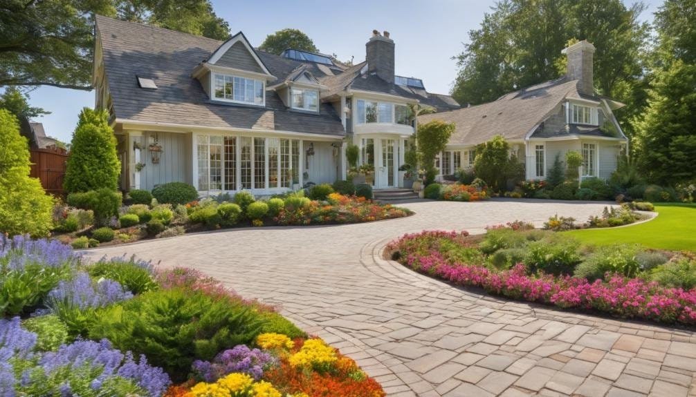 A well-paved driveway with a smooth, dark asphalt surface, bordered by vibrant green grass and neatly arranged stone edging, enhancing the home's visual appeal.