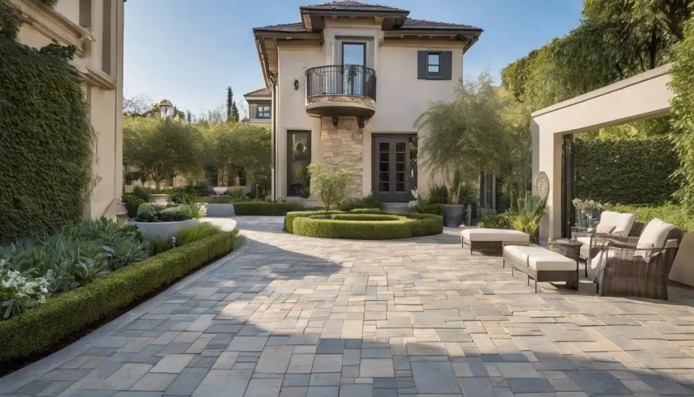 An outdoor space featuring various functionality options, including a stone patio, a small outdoor seating area with chairs and a table, and lush greenery surrounding the area.