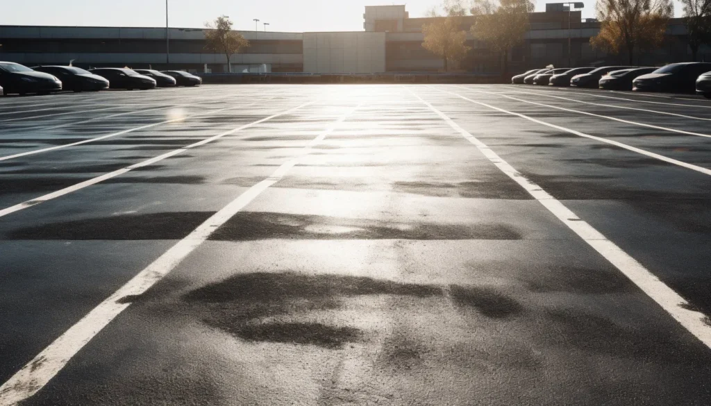 A close-up of a newly sealed asphalt parking lot