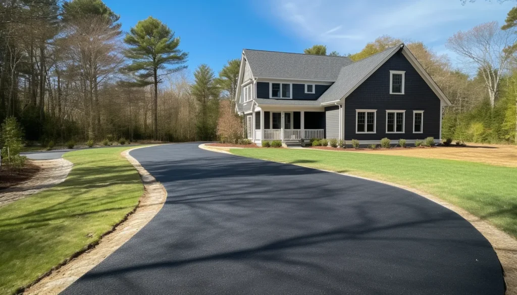 gray house with a macadam asphalt driveway| with a large