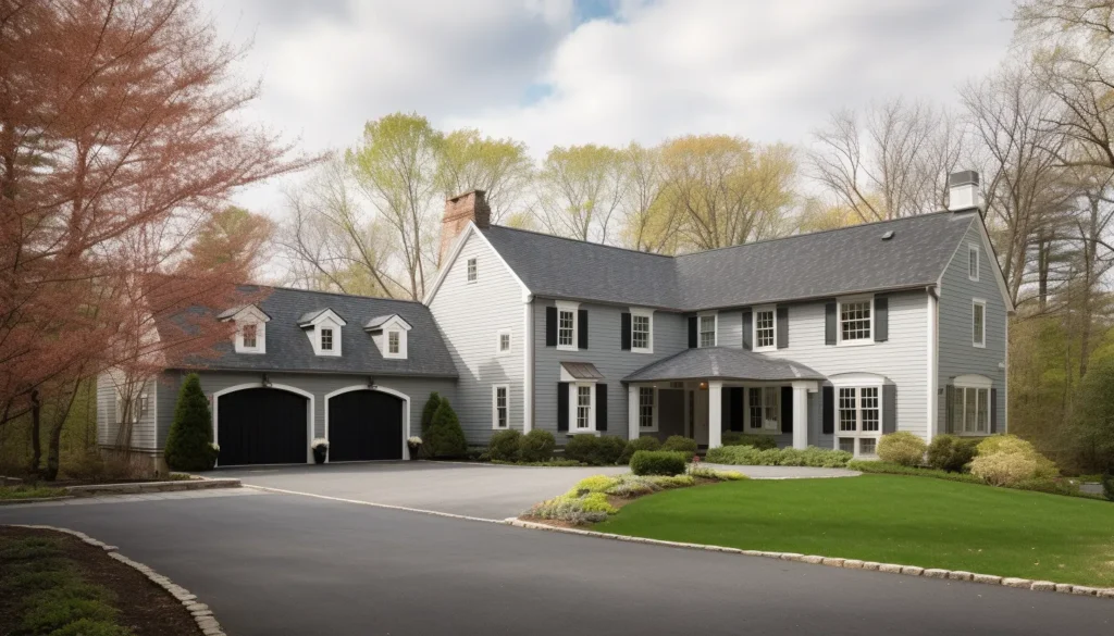 gray and white house with a blacktop driveway|Shot of a luxurious blacktop driveway