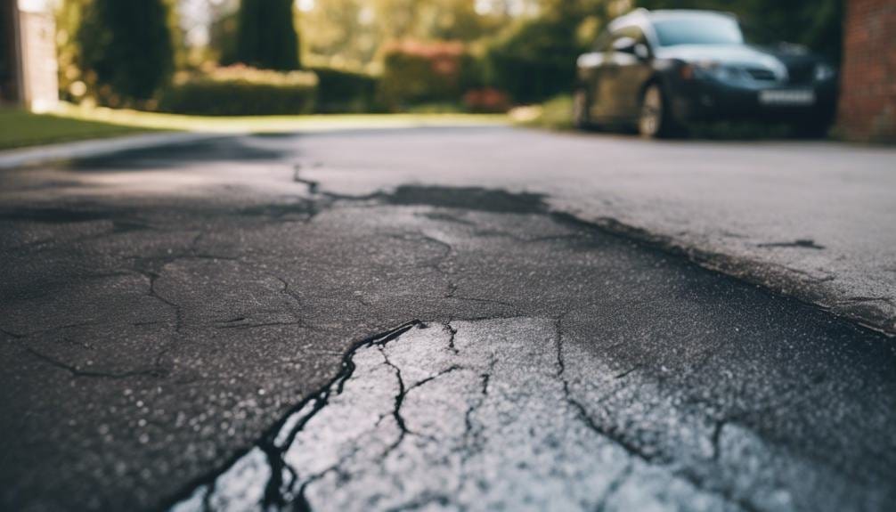 A close-up of a cracked asphalt surface in need of repair.