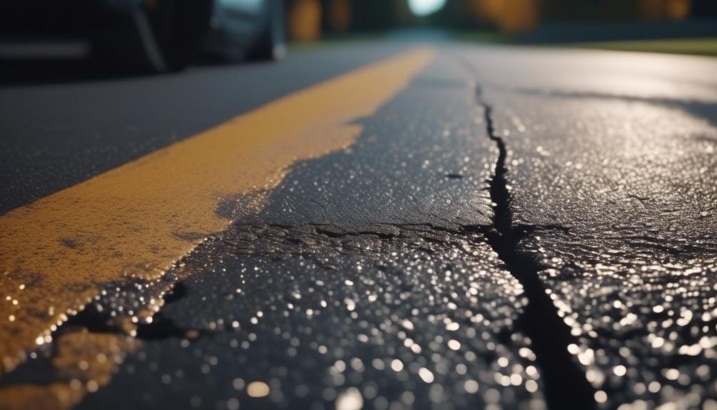 A close-up view of a newly paved asphalt driveway, featuring a smooth, dark surface with visible asphalt texture. There are patches of green grass along the edges.